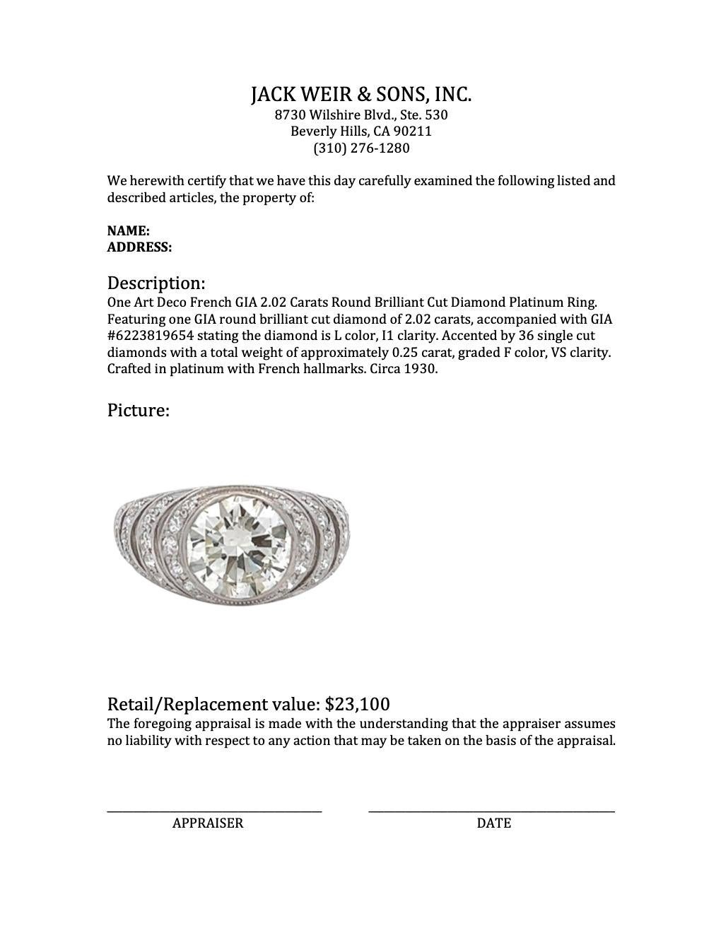 Art Deco French GIA 2.02 Carats Round Brilliant Cut Diamond Platinum Ring 3