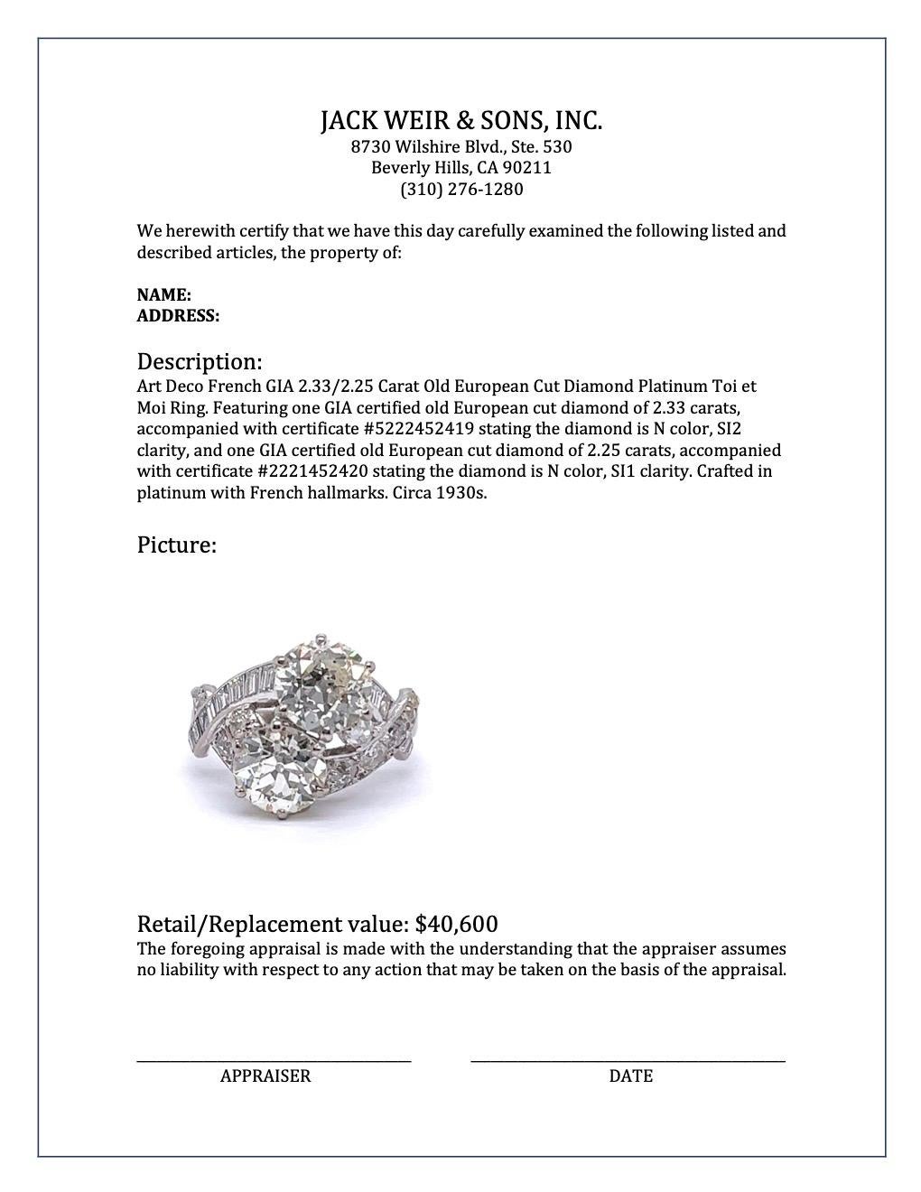 Art Deco French GIA 2.33/2.25 Carat OEC Diamond Platinum Toi et Moi Ring 4