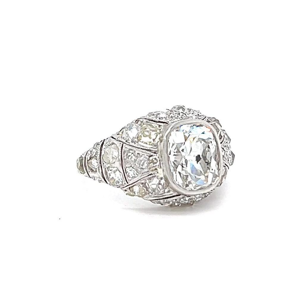 Art Deco French GIA 2.38 Carats Old Mine Cut Diamond Platinum Ring 1