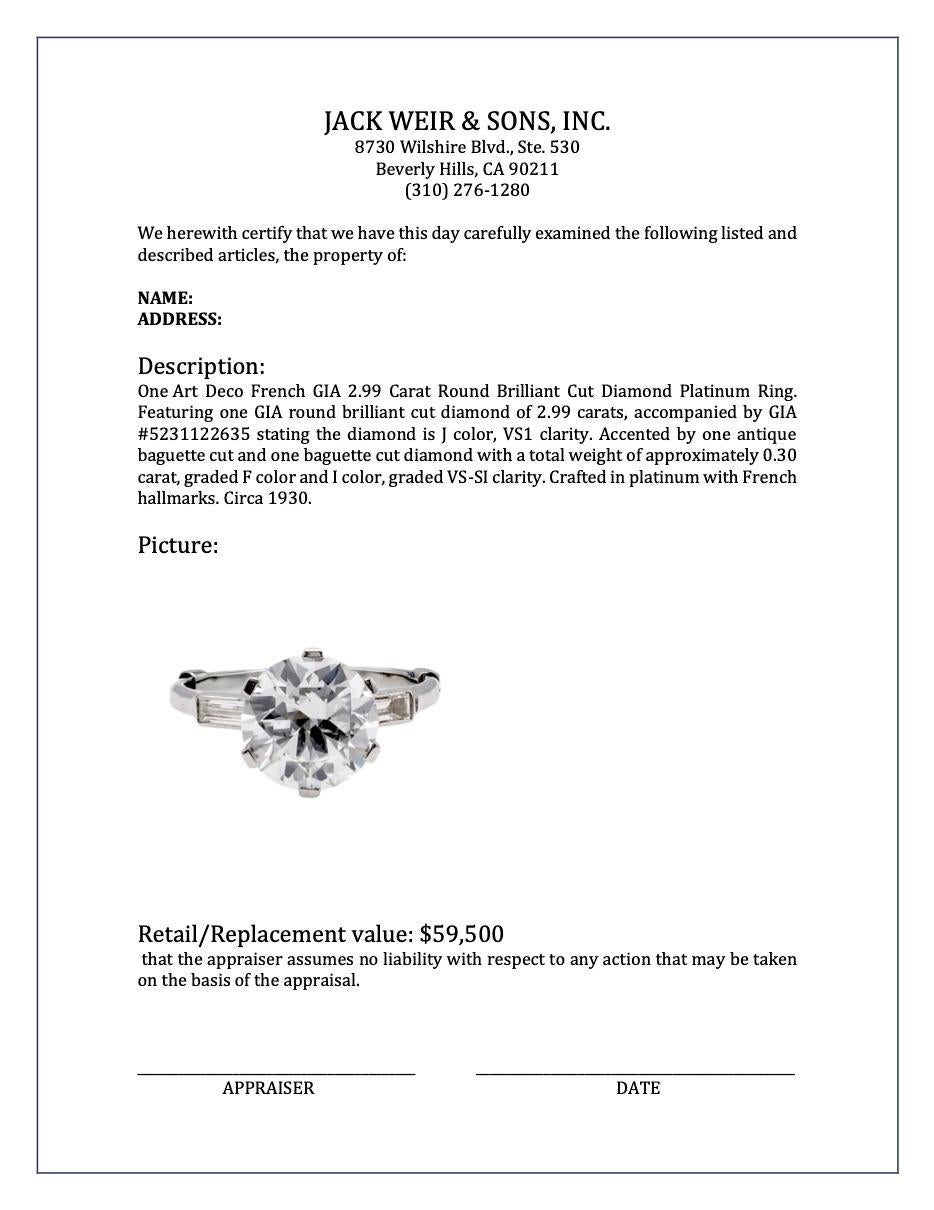 Art Deco French GIA 2.99 Carat Round Brilliant Cut Diamond Platinum Ring For Sale 3