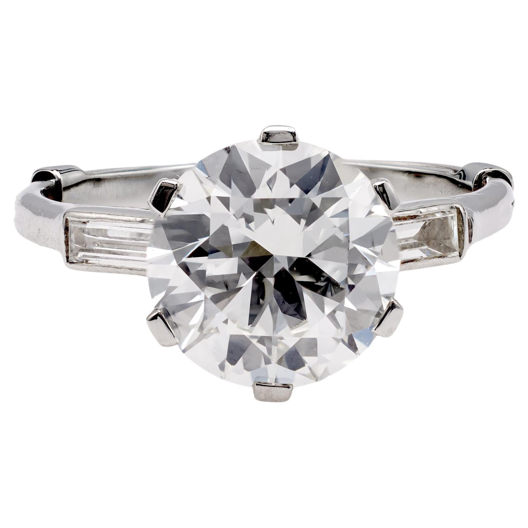 Art Deco French GIA 2.99 Carat Round Brilliant Cut Diamond Platinum Ring
