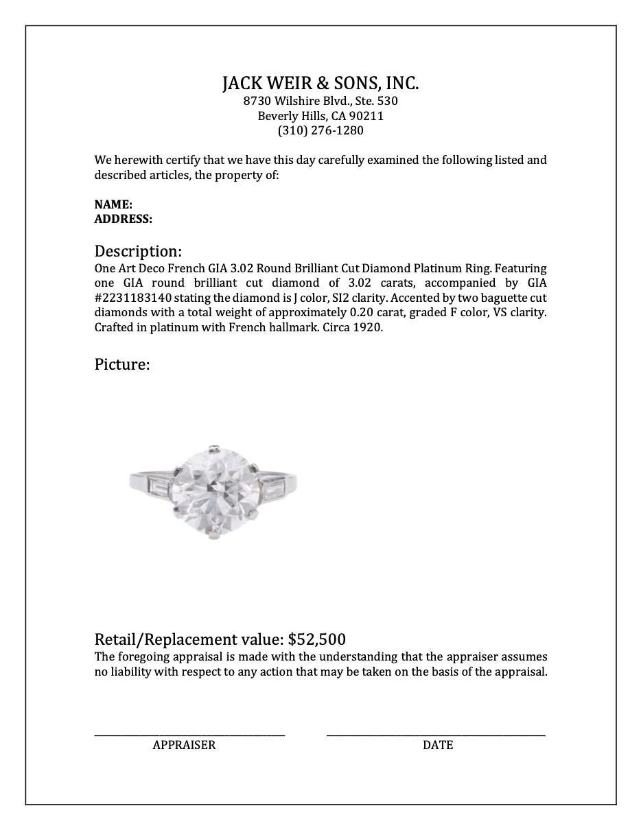 Art Deco French GIA 3.02 Round Brilliant Cut Diamond Platinum Ring For Sale 4