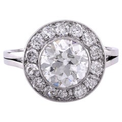Art Deco French GIA 3.15 Carat Old European Cut Diamond Platinum Cluster Ring