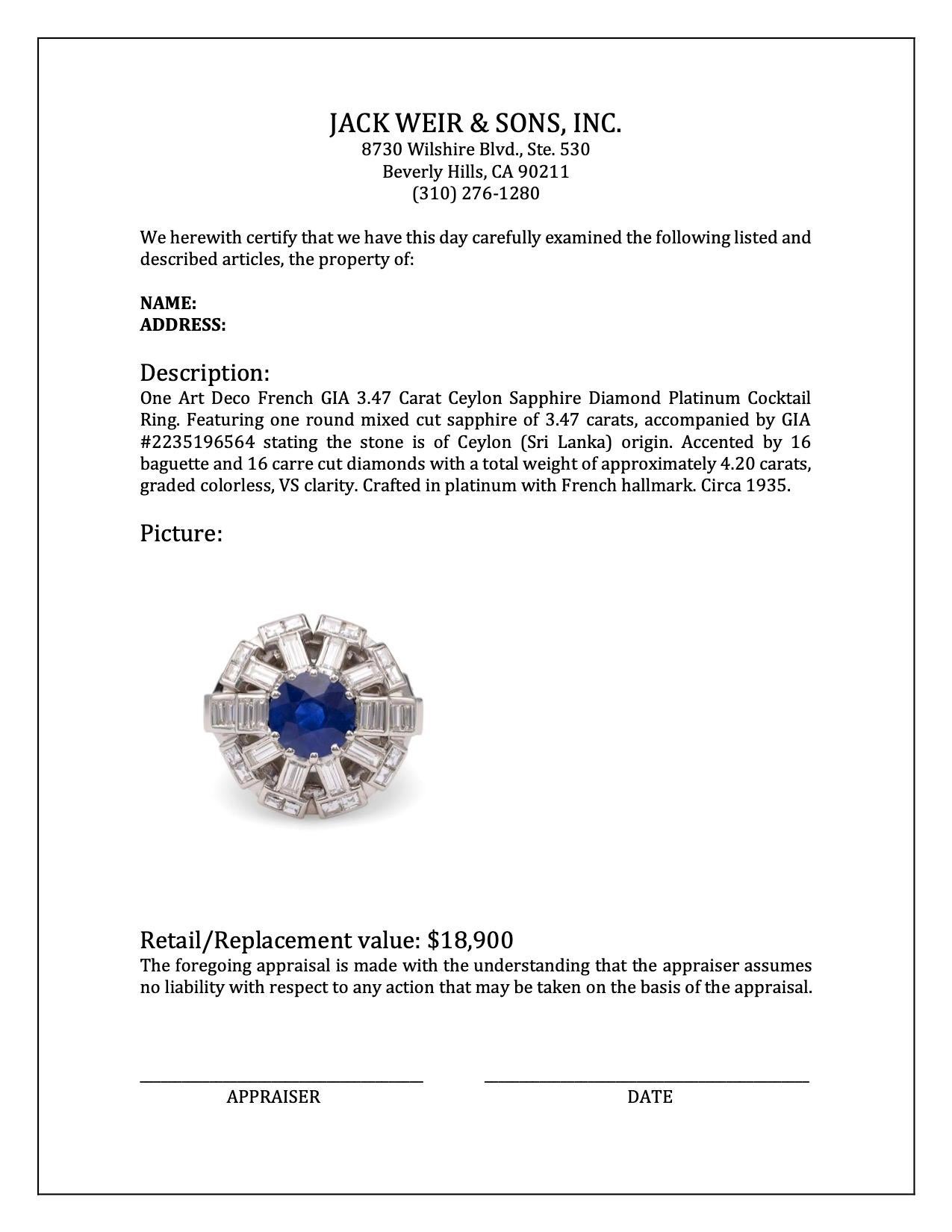 Women's or Men's Art Deco French GIA 3.47 Carat Ceylon Sapphire Diamond Platinum Cocktail Ring For Sale
