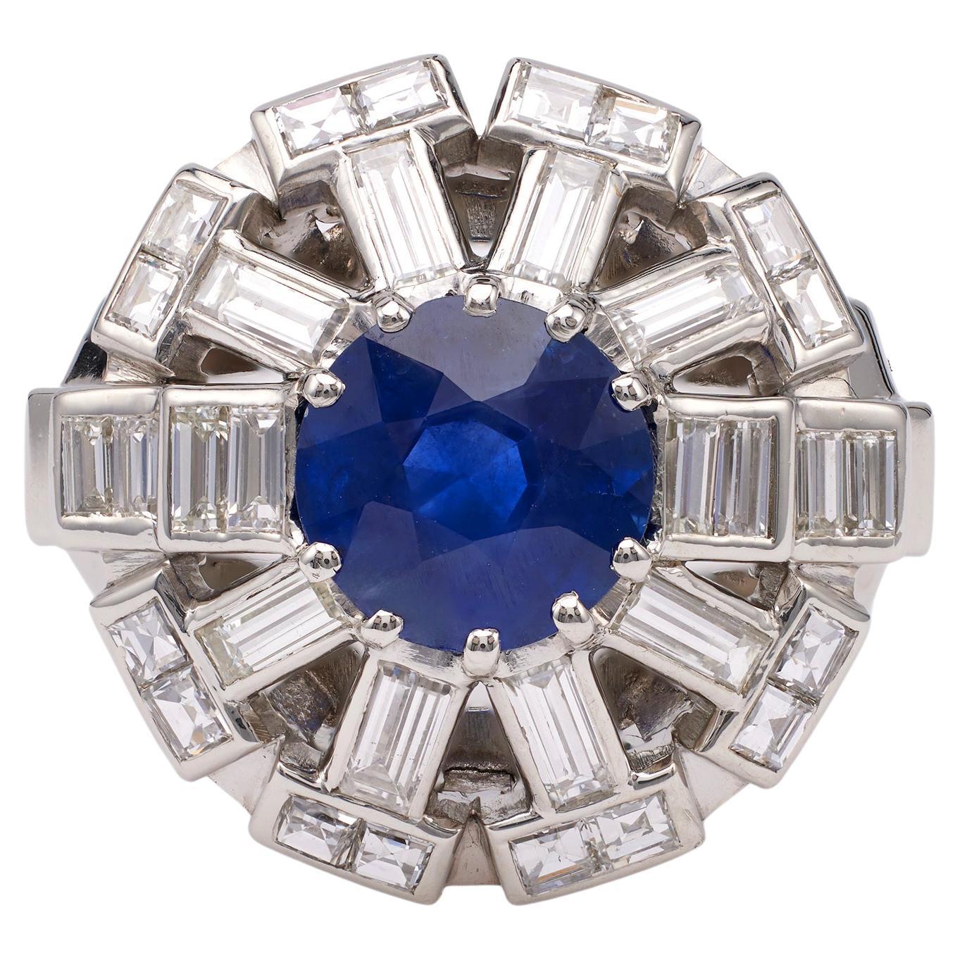 Art Deco French GIA 3.47 Carat Ceylon Sapphire Diamond Platinum Cocktail Ring For Sale