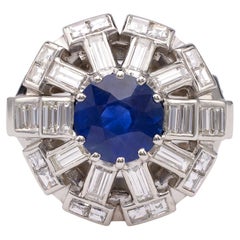 Vintage Art Deco French GIA 3.47 Carat Ceylon Sapphire Diamond Platinum Cocktail Ring