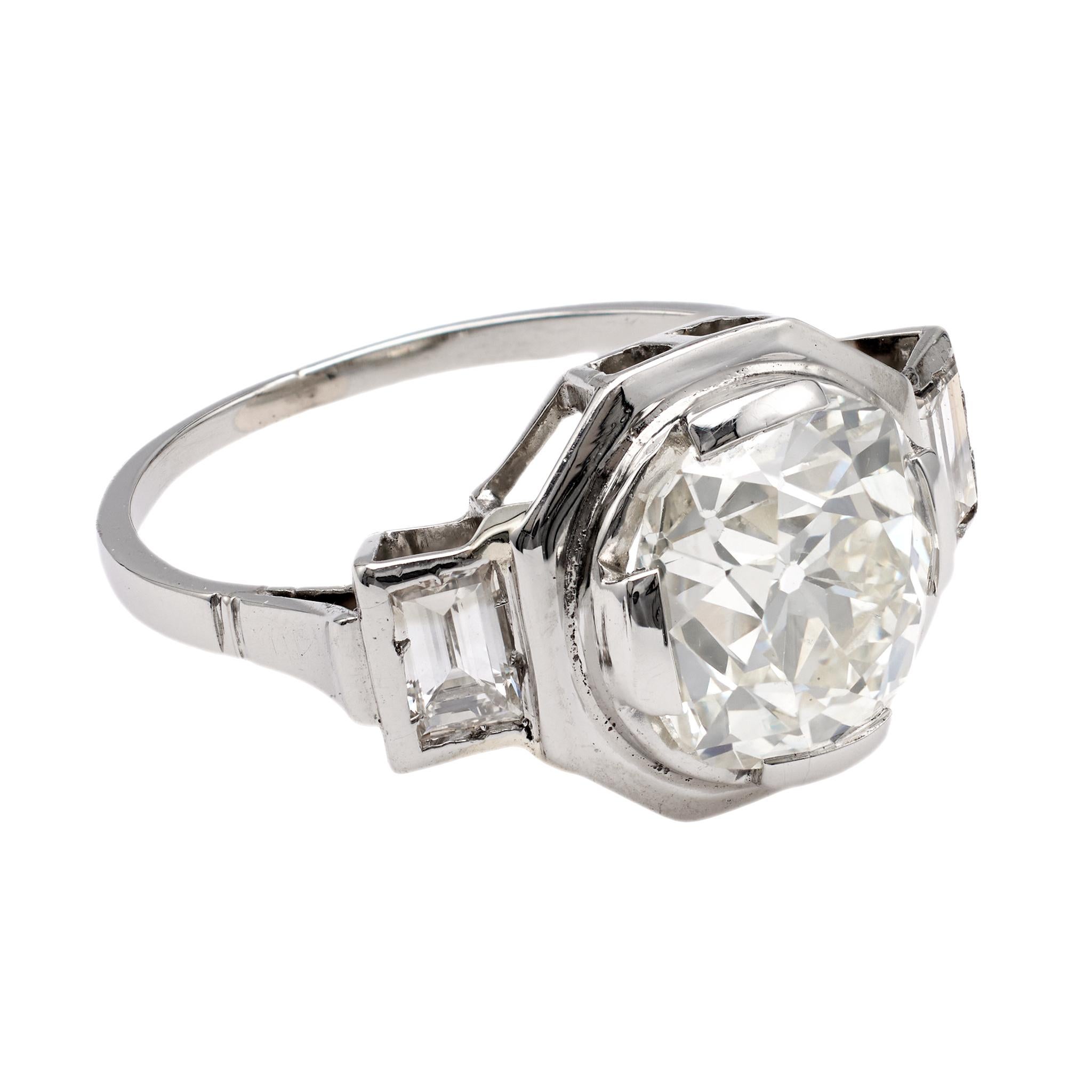 Art Deco French GIA 3.68 Carat Old Mine Cut Diamond Platinum Ring 1
