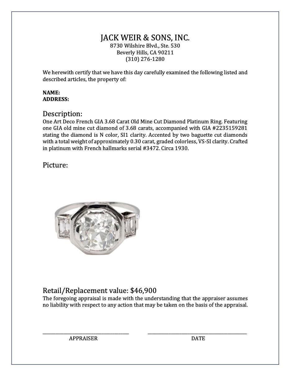 Art Deco French GIA 3.68 Carat Old Mine Cut Diamond Platinum Ring 3