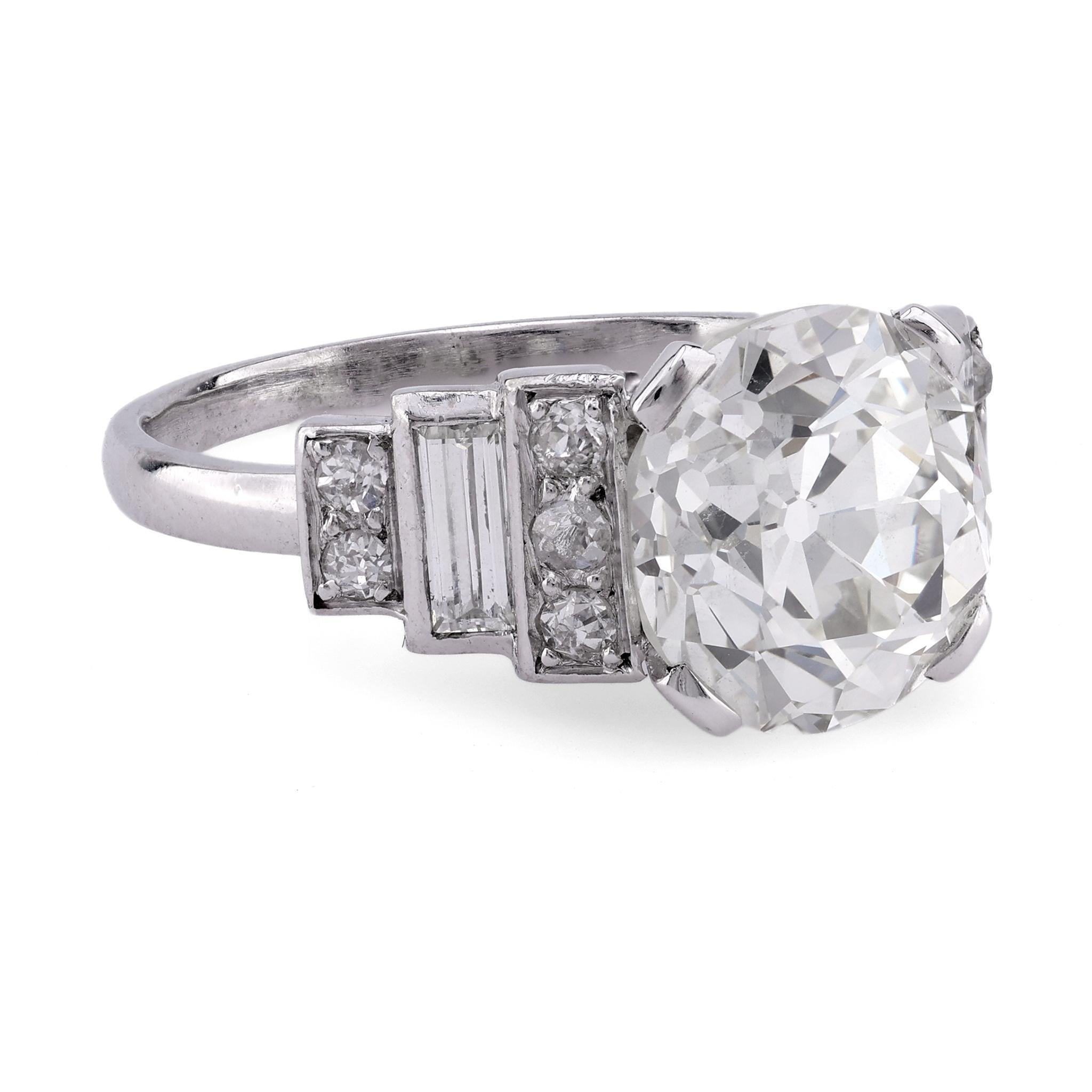 Platin-Verlobungsring, Art déco, Französisch, GIA 3,75 Karat Diamant im alteuropäischen Schliff, Art déco (Alteuropäischer Schliff)
