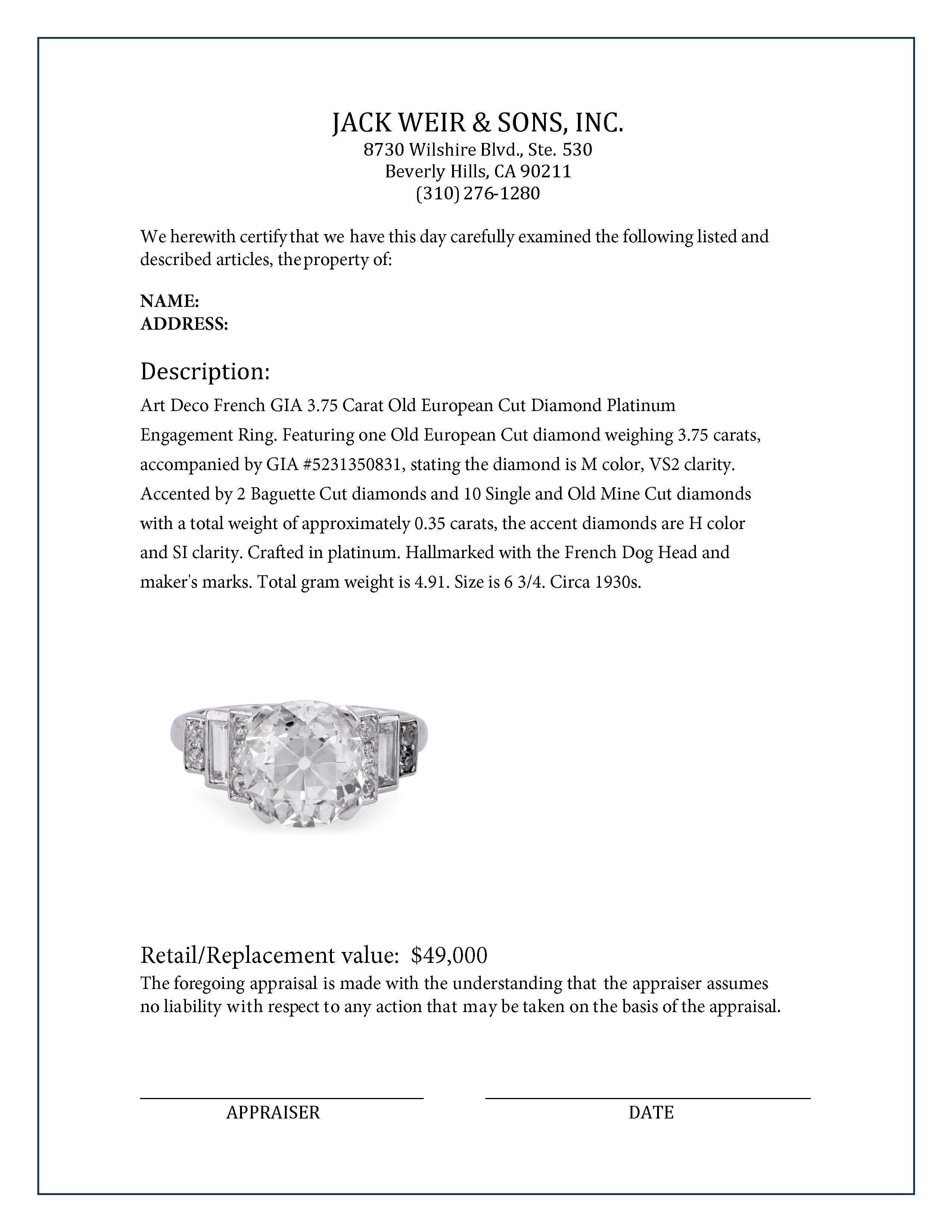 Platin-Verlobungsring, Art déco, Französisch, GIA 3,75 Karat Diamant im alteuropäischen Schliff, Art déco für Damen oder Herren