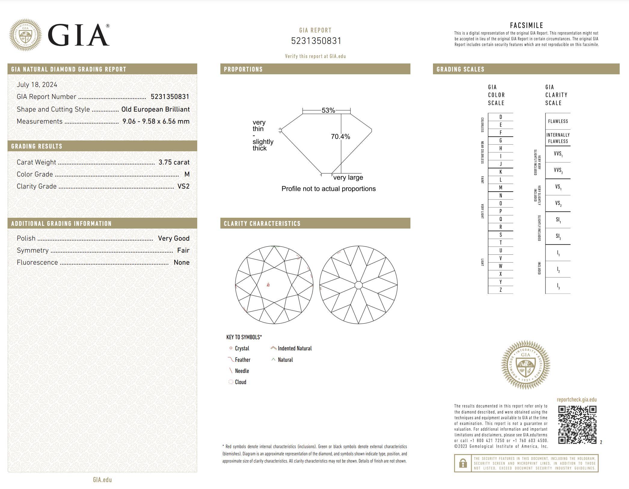 Platin-Verlobungsring, Art déco, Französisch, GIA 3,75 Karat Diamant im alteuropäischen Schliff, Art déco 1