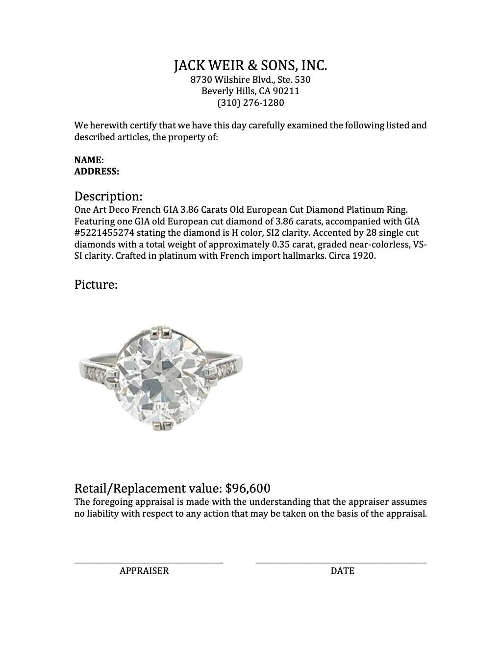 Art Deco French GIA 3.86 Carats Old European Cut Diamond Platinum Ring 4