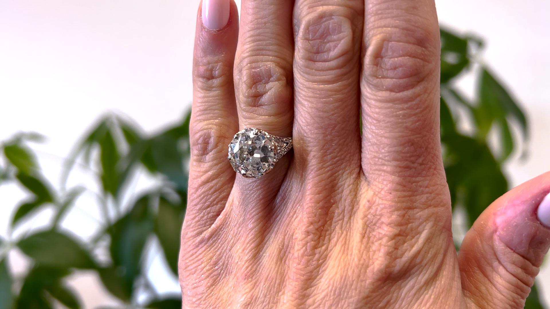 Platinring, Art déco, Französisch, GIA 5,09 Karat Diamant im alteuropäischen Schliff, Art déco (Alteuropäischer Schliff)