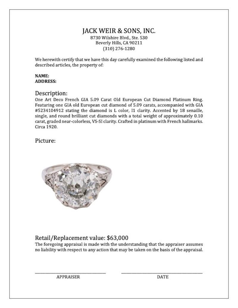 Platinring, Art déco, Französisch, GIA 5,09 Karat Diamant im alteuropäischen Schliff, Art déco 3