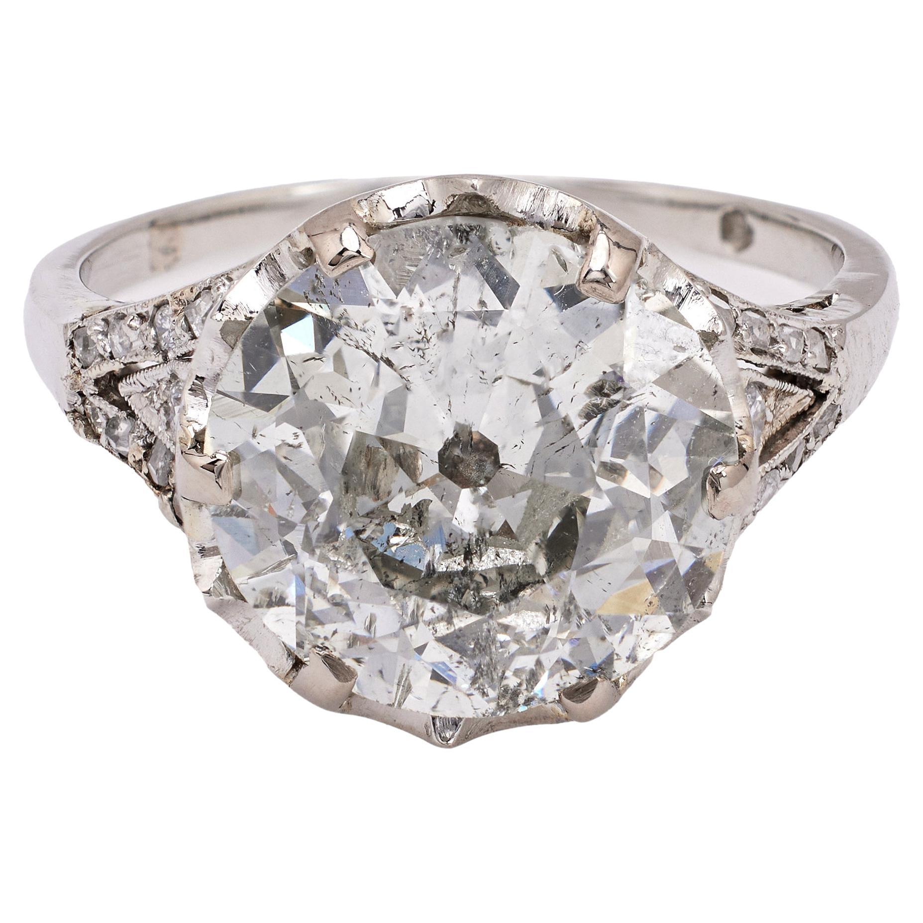 Platinring, Art déco, Französisch, GIA 5,09 Karat Diamant im alteuropäischen Schliff, Art déco