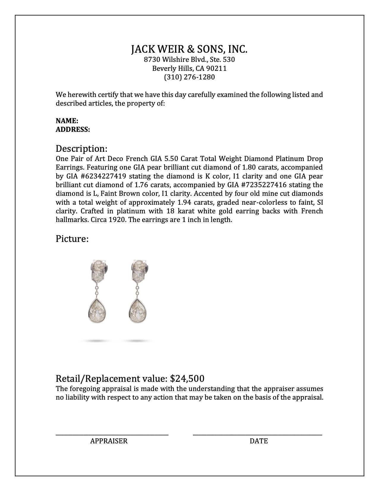 Art Deco French GIA 5.50 Carat Total Weight Diamond Platinum Drop Earrings For Sale 2