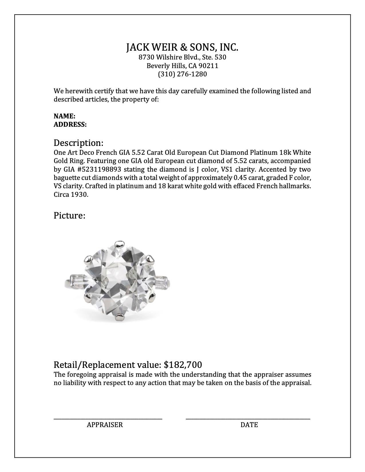 Art Deco French GIA 5.52 Carat Old European Cut Diamond Platinum 18k White Gold  For Sale 3