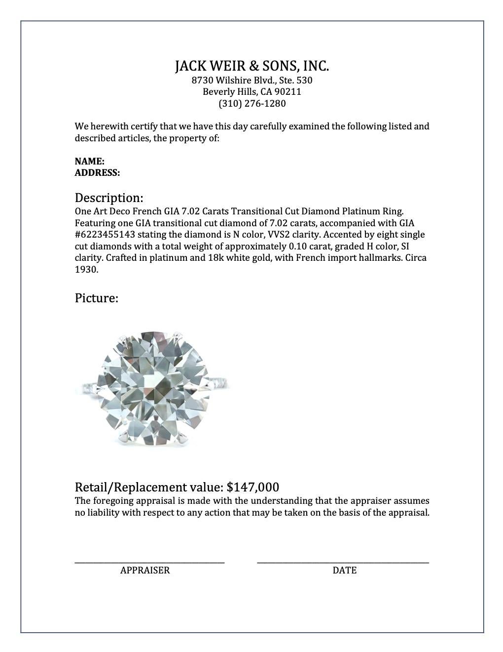 Art Deco French GIA 7.02 Carats Round Brilliant Cut Diamond Platinum Ring 3