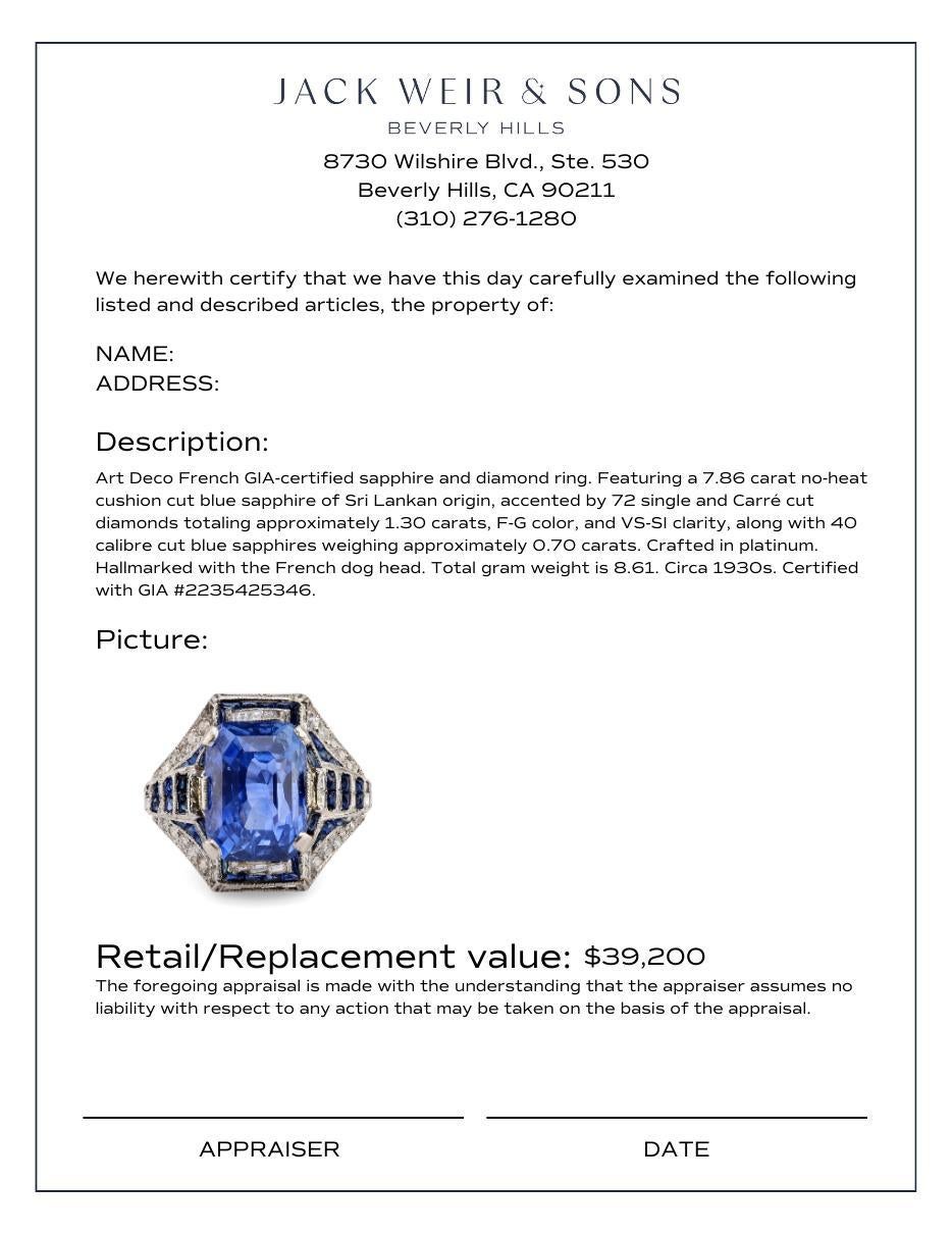 Platinring, Art déco, Französisch, GIA 7.86 Karat, unbehandelter Saphir, Diamant, Platin für Damen oder Herren