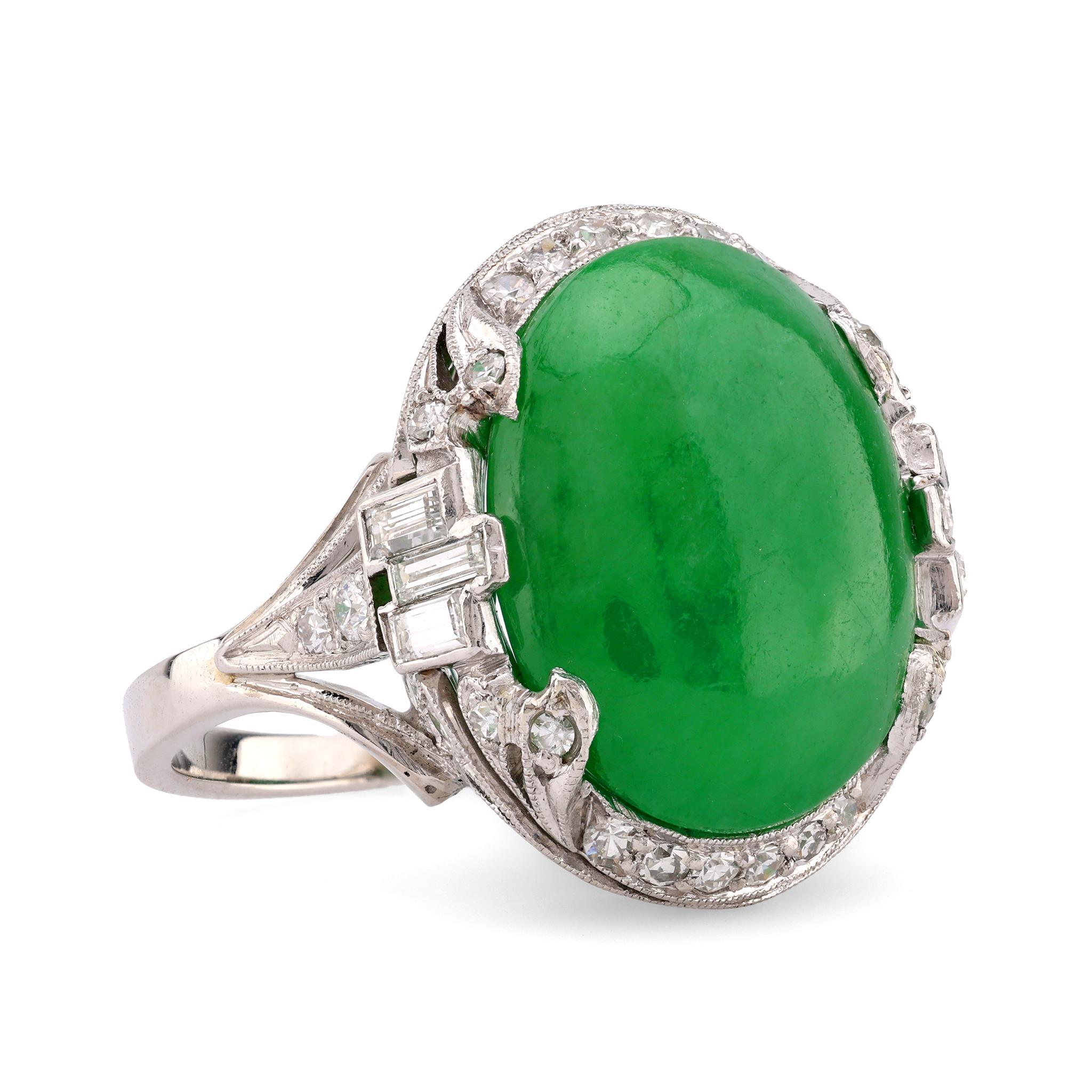 Cabochon Art Deco French GIA 8.8 Carat Green Jade Diamond Platinum Ring