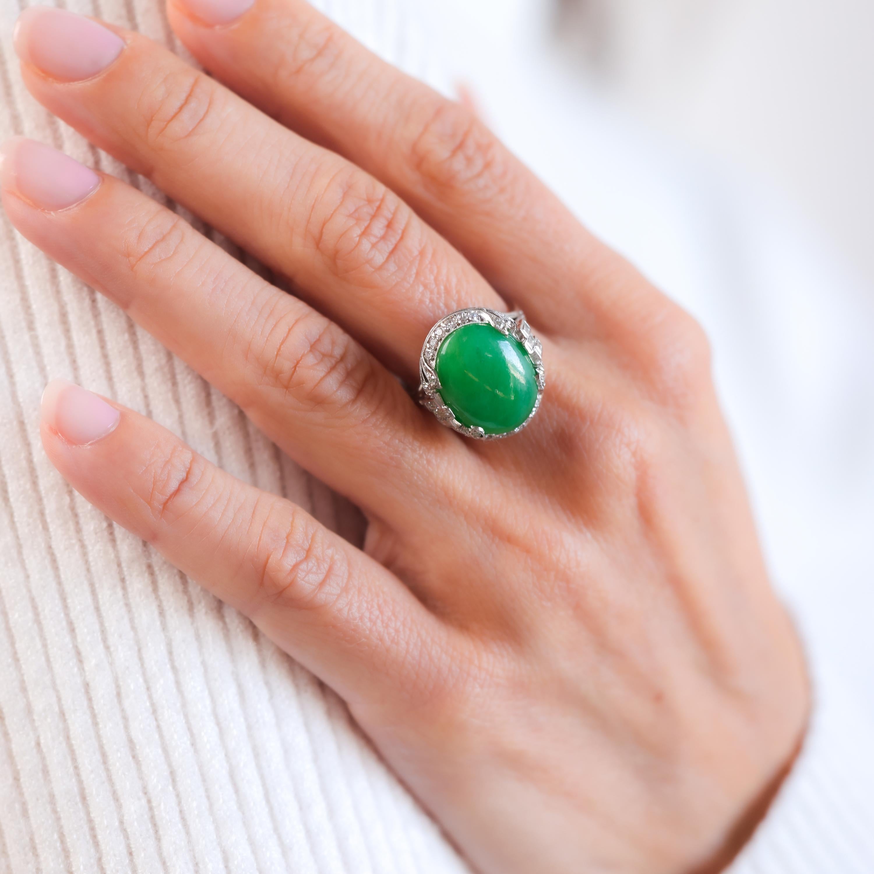 Art Deco French GIA 8.8 Carat Green Jade Diamond Platinum Ring In Excellent Condition In Beverly Hills, CA