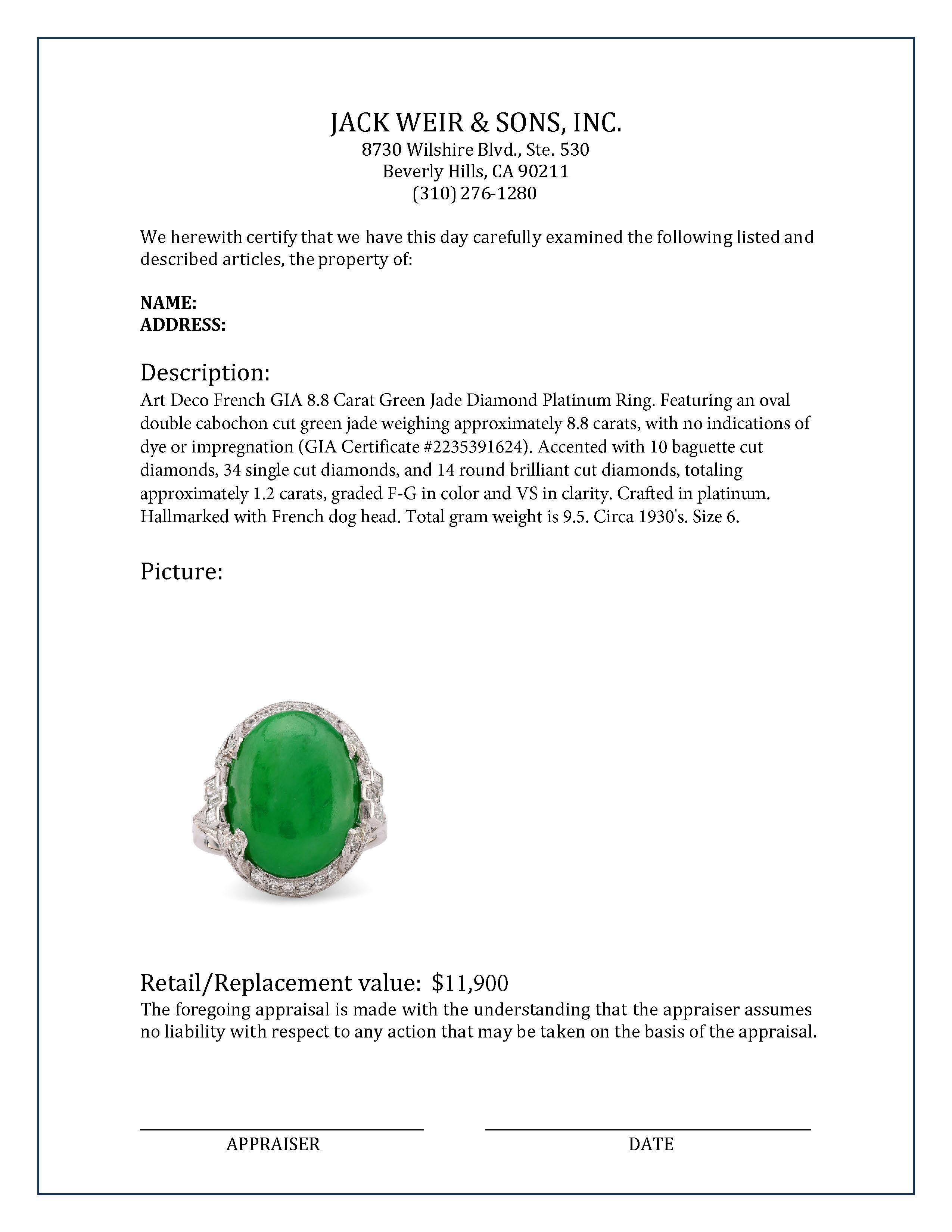 Women's or Men's Art Deco French GIA 8.8 Carat Green Jade Diamond Platinum Ring