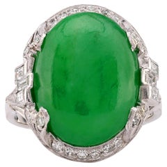 Art Deco French GIA 8.8 Carat Green Jade Diamond Platinum Ring