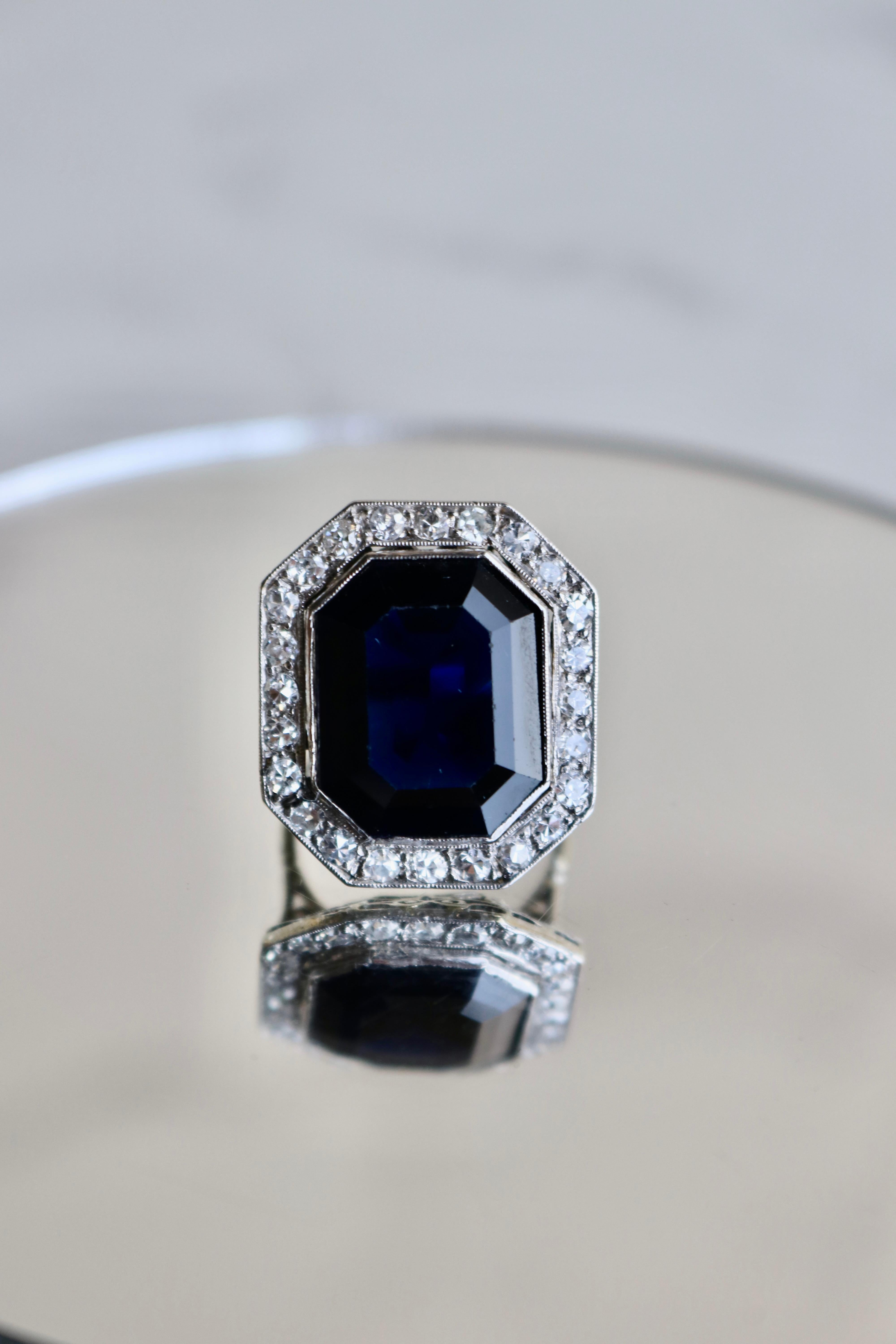 Art Deco French GIA Australian No Heat Sapphire and Diamond 18k White Gold Ring 1