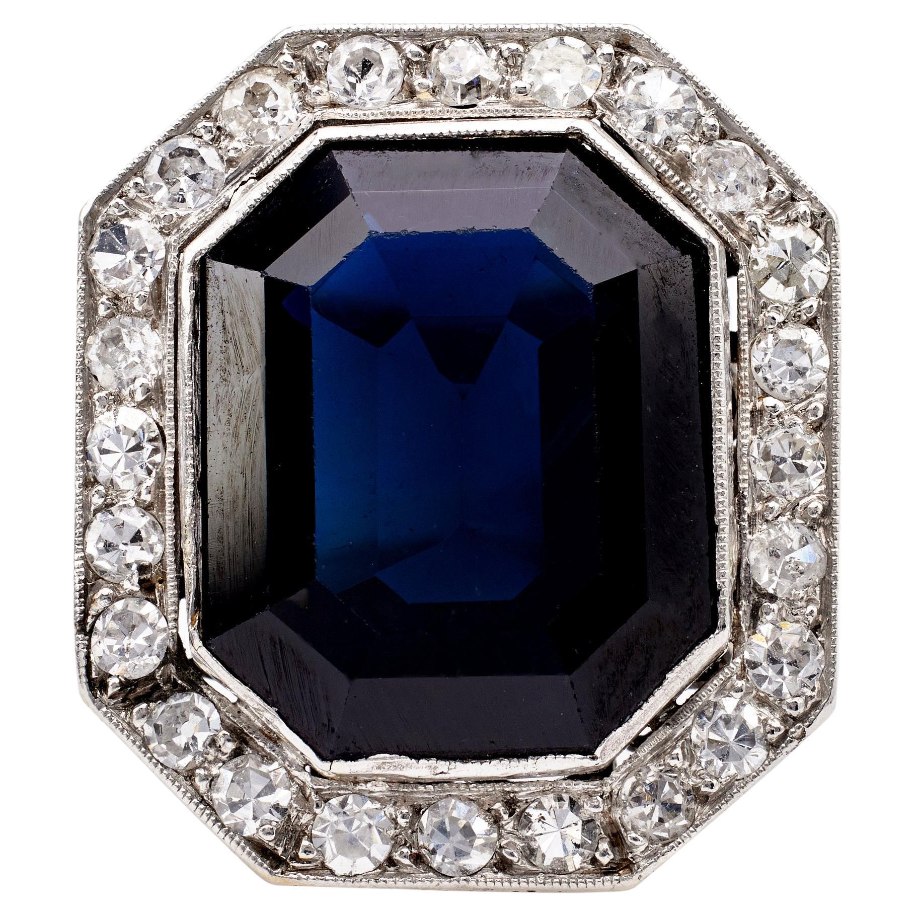 Art Deco French GIA Australian No Heat Sapphire and Diamond 18k White Gold Ring