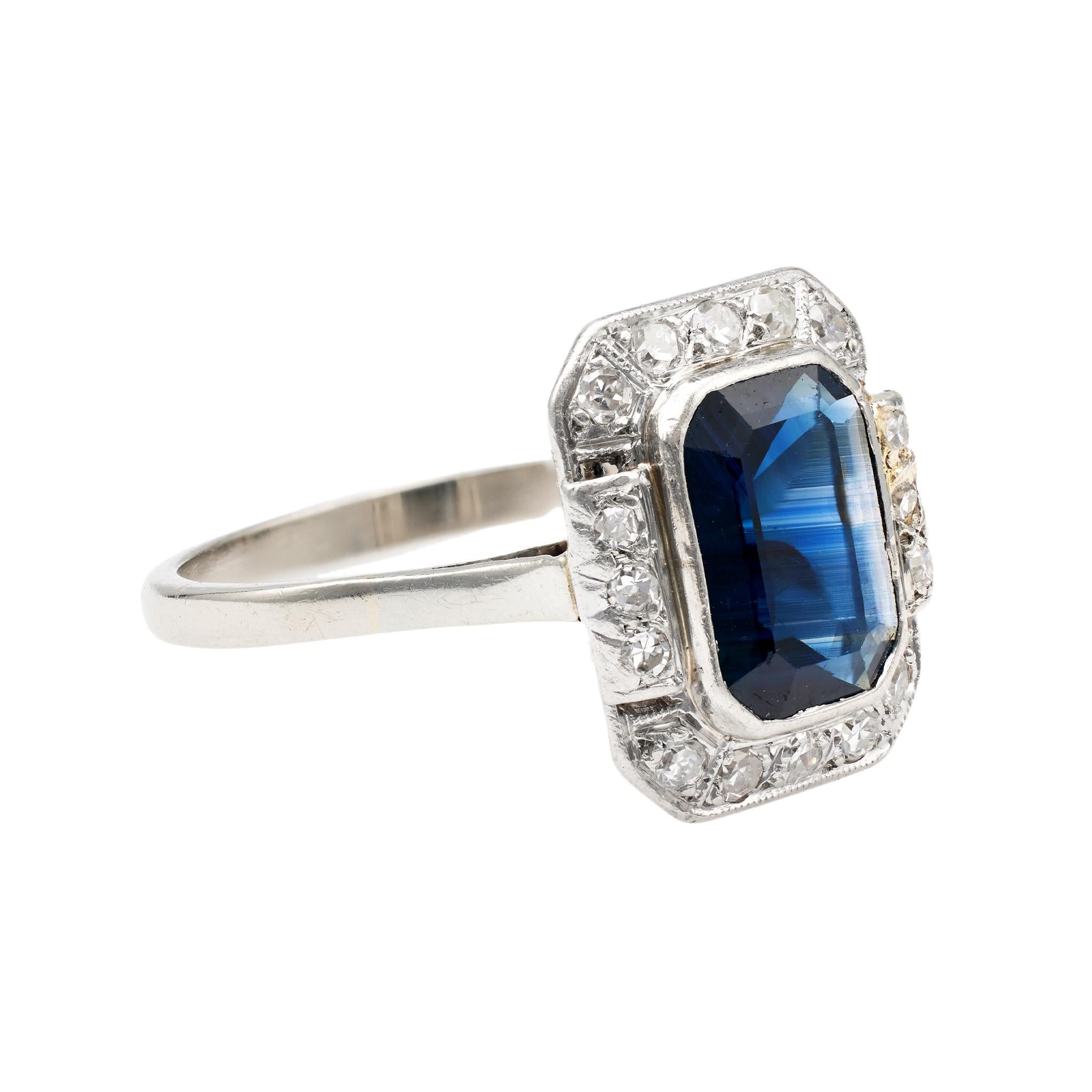 Women's or Men's Art Deco French GIA Australian No Heat Sapphire Diamond 18k White Gold Ring