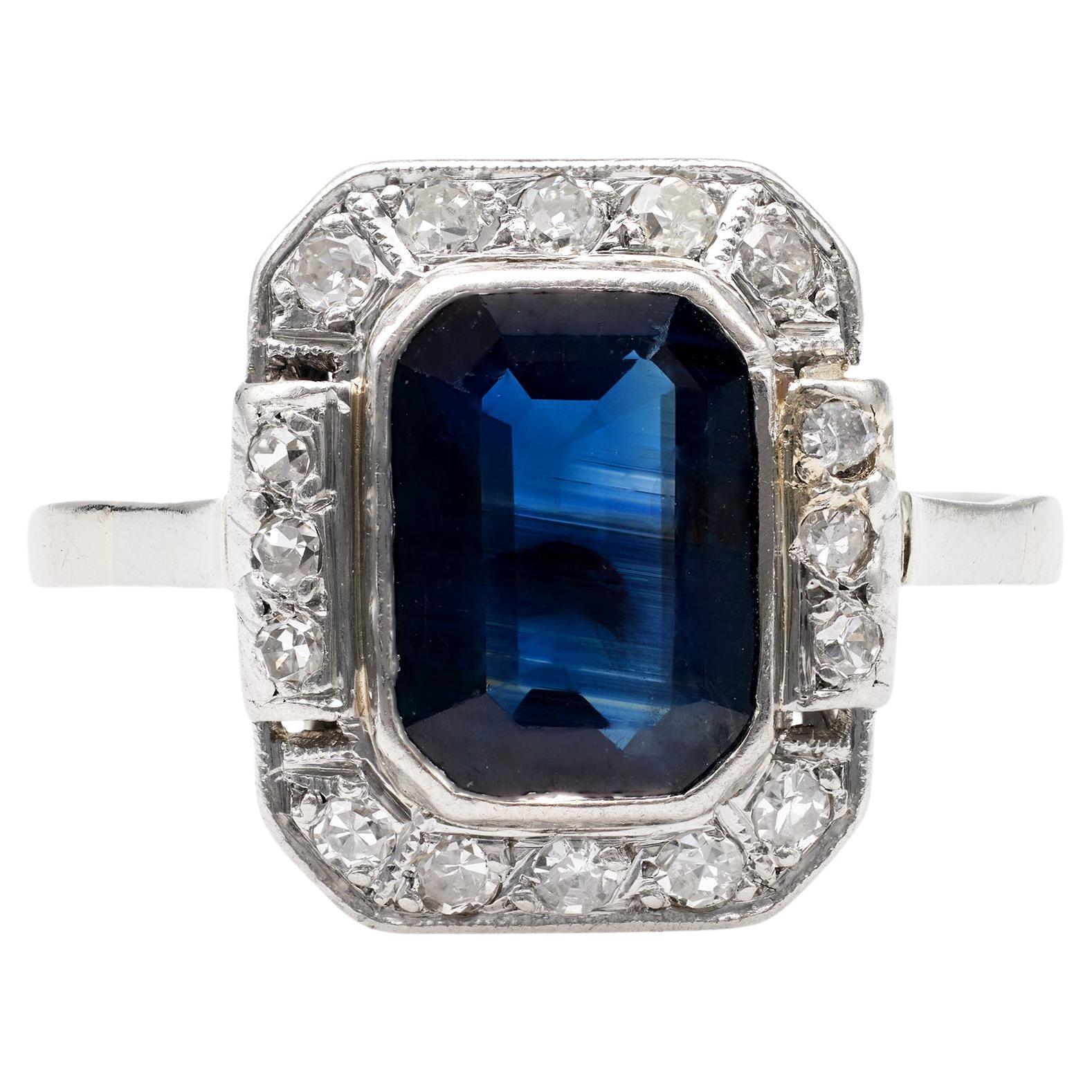 Art Deco French GIA Australian No Heat Sapphire Diamond 18k White Gold Ring
