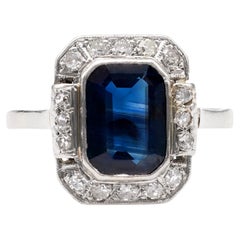 Vintage Art Deco French GIA Australian No Heat Sapphire Diamond 18k White Gold Ring