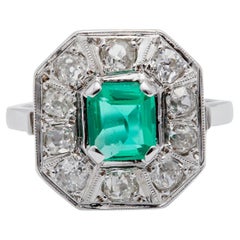 Art Deco French GIA Colombian No Oil Emerald and Diamond 18k White Gold Ring