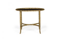 Art Deco French Gilt Bronze Faux Bamboo Oval End / Side Table with Black Glass