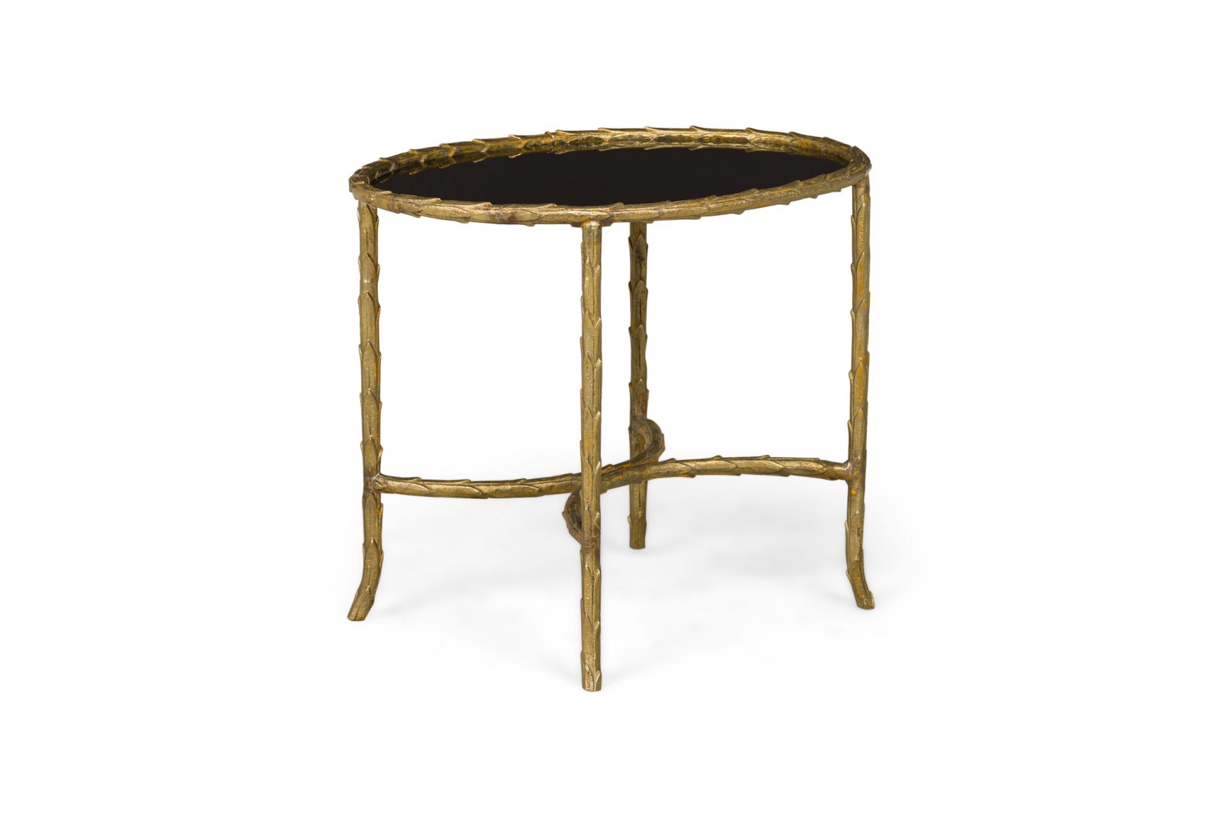 Art Deco French Gilt Bronze Faux Bamboo Oval End / Side Table with Black Glass In Good Condition For Sale In New York, NY