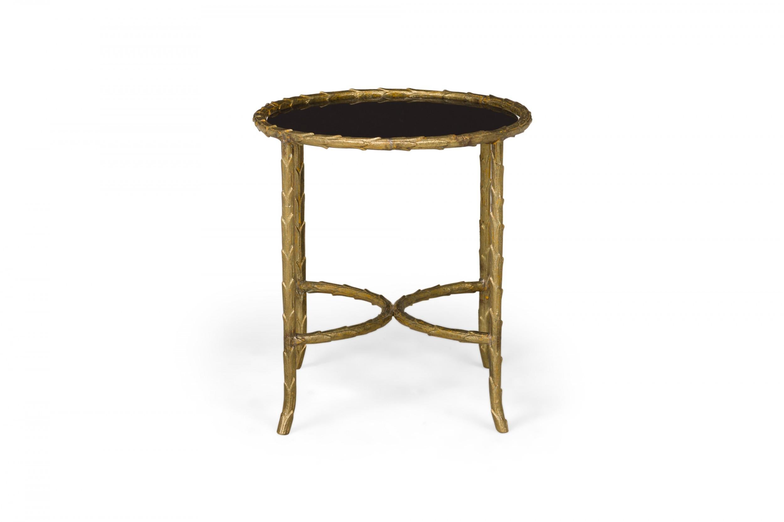20th Century Art Deco French Gilt Bronze Faux Bamboo Oval End / Side Table with Black Glass For Sale