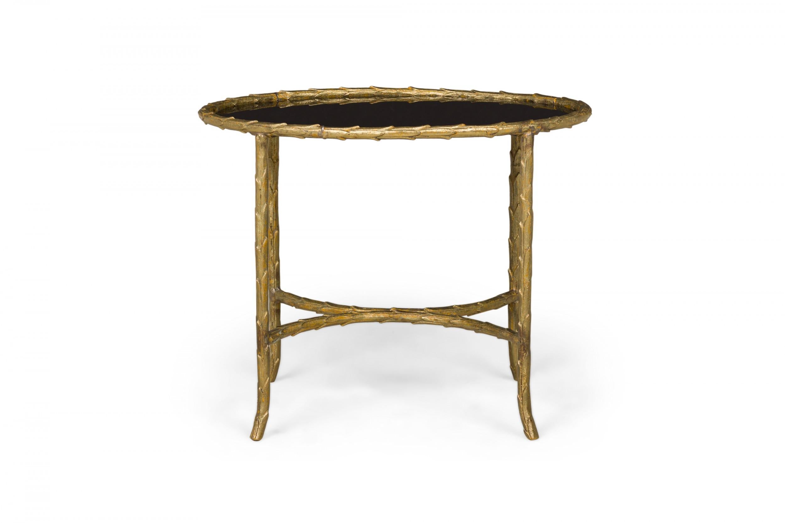 Art Deco French Gilt Bronze Faux Bamboo Oval End / Side Table with Black Glass For Sale 1