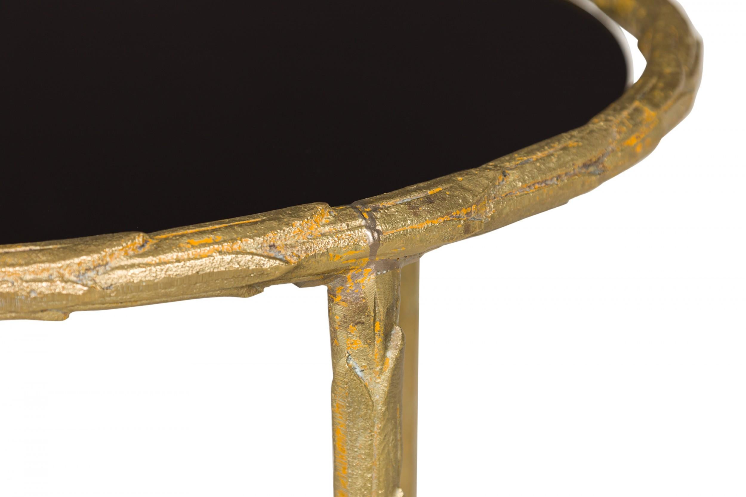 Art Deco French Gilt Bronze Faux Bamboo Oval End / Side Table with Black Glass For Sale 3