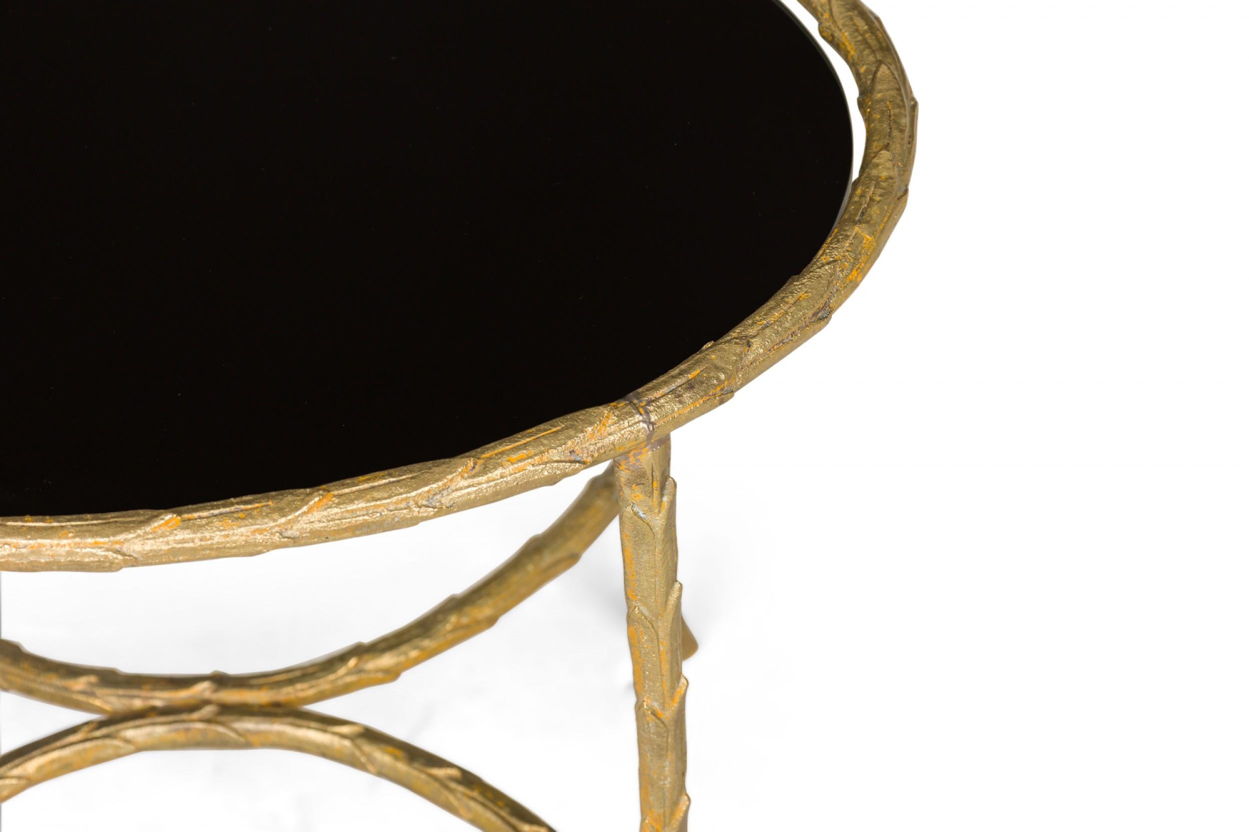 Art Deco French Gilt Bronze Faux Bamboo Oval End / Side Table with Black Glass For Sale 4