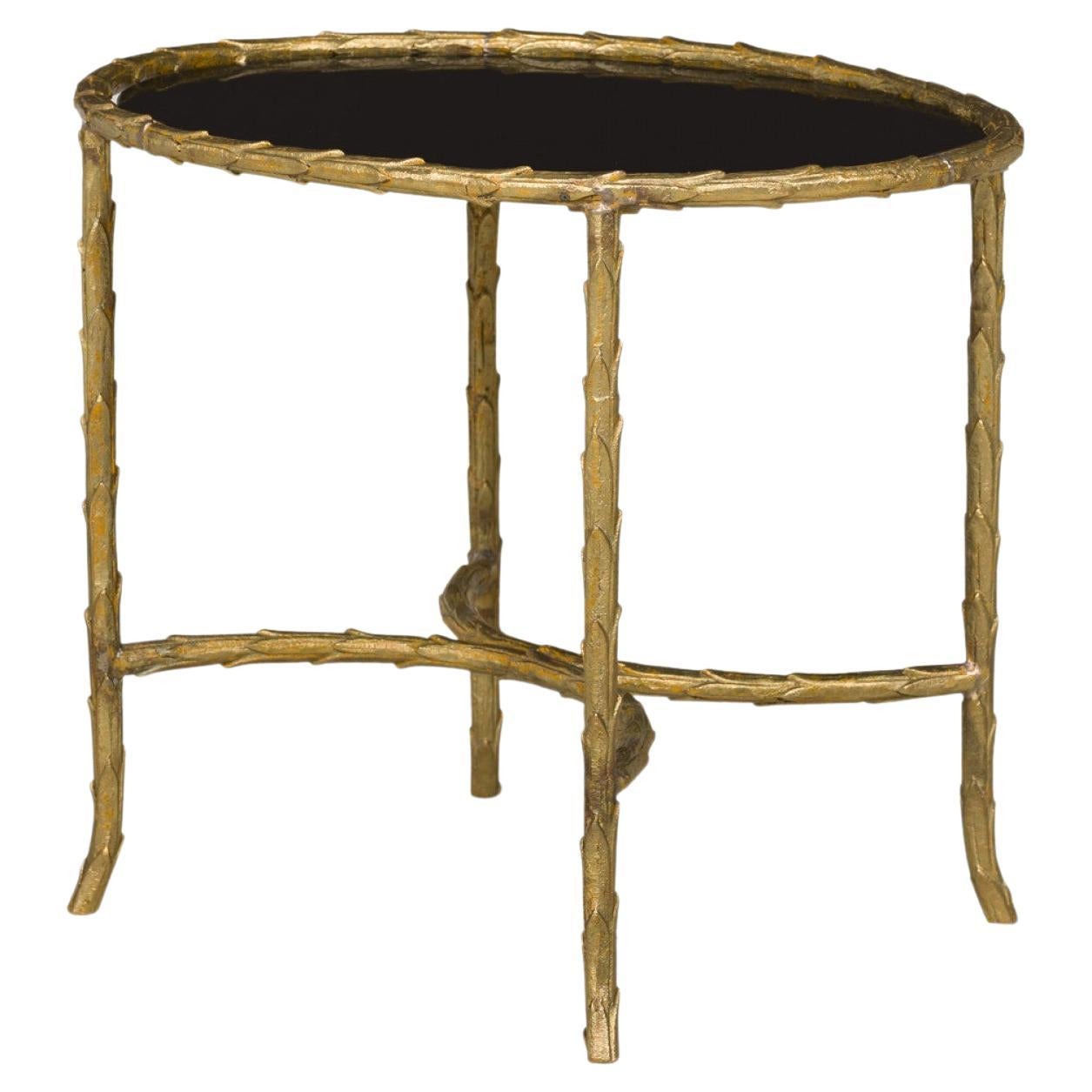 Art Deco French Gilt Bronze Faux Bamboo Oval End / Side Table with Black Glass For Sale