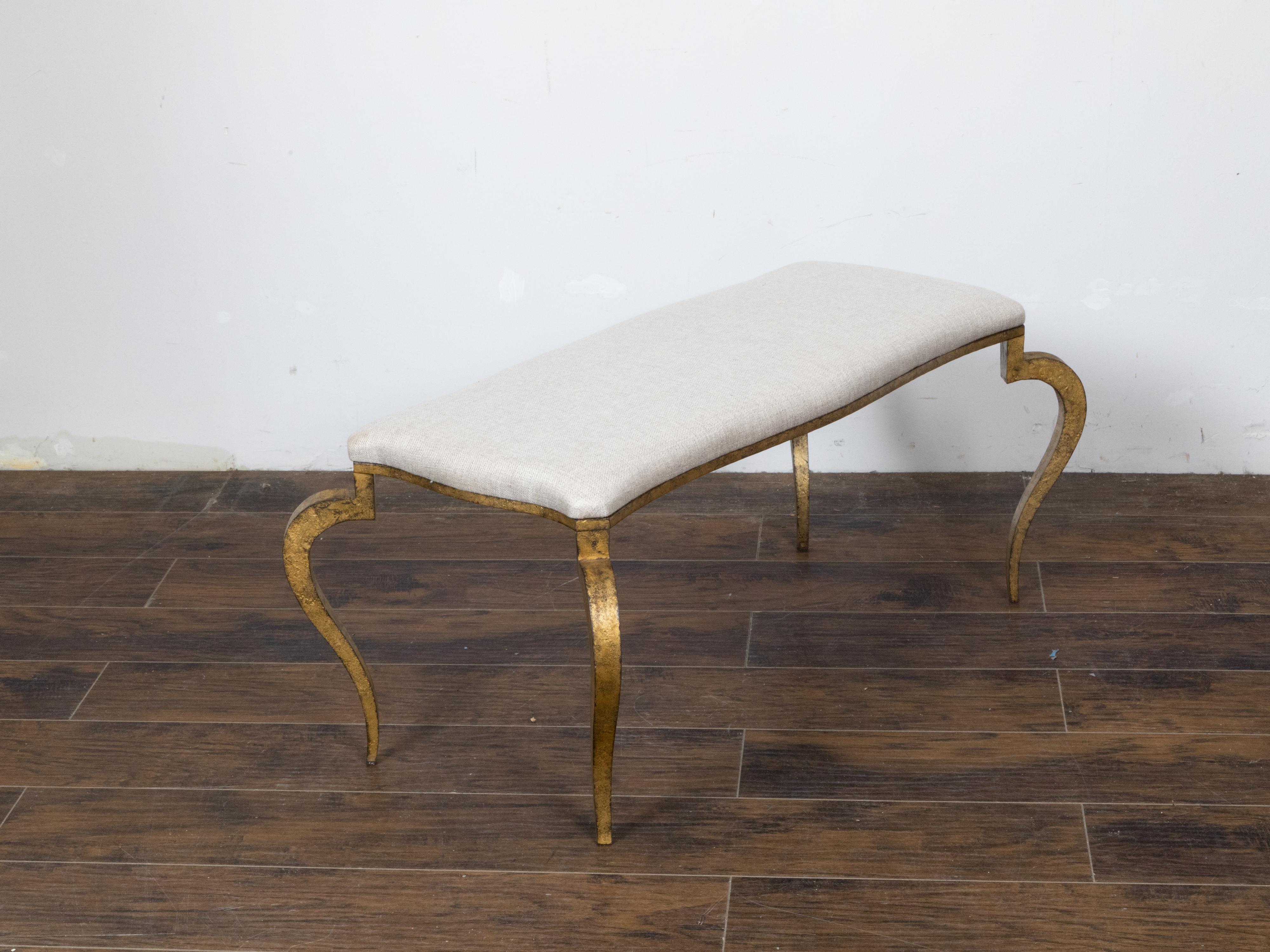 Art Deco French Gilt Iron Bench with Curving Legs and New Linen Upholstery In Good Condition For Sale In Atlanta, GA
