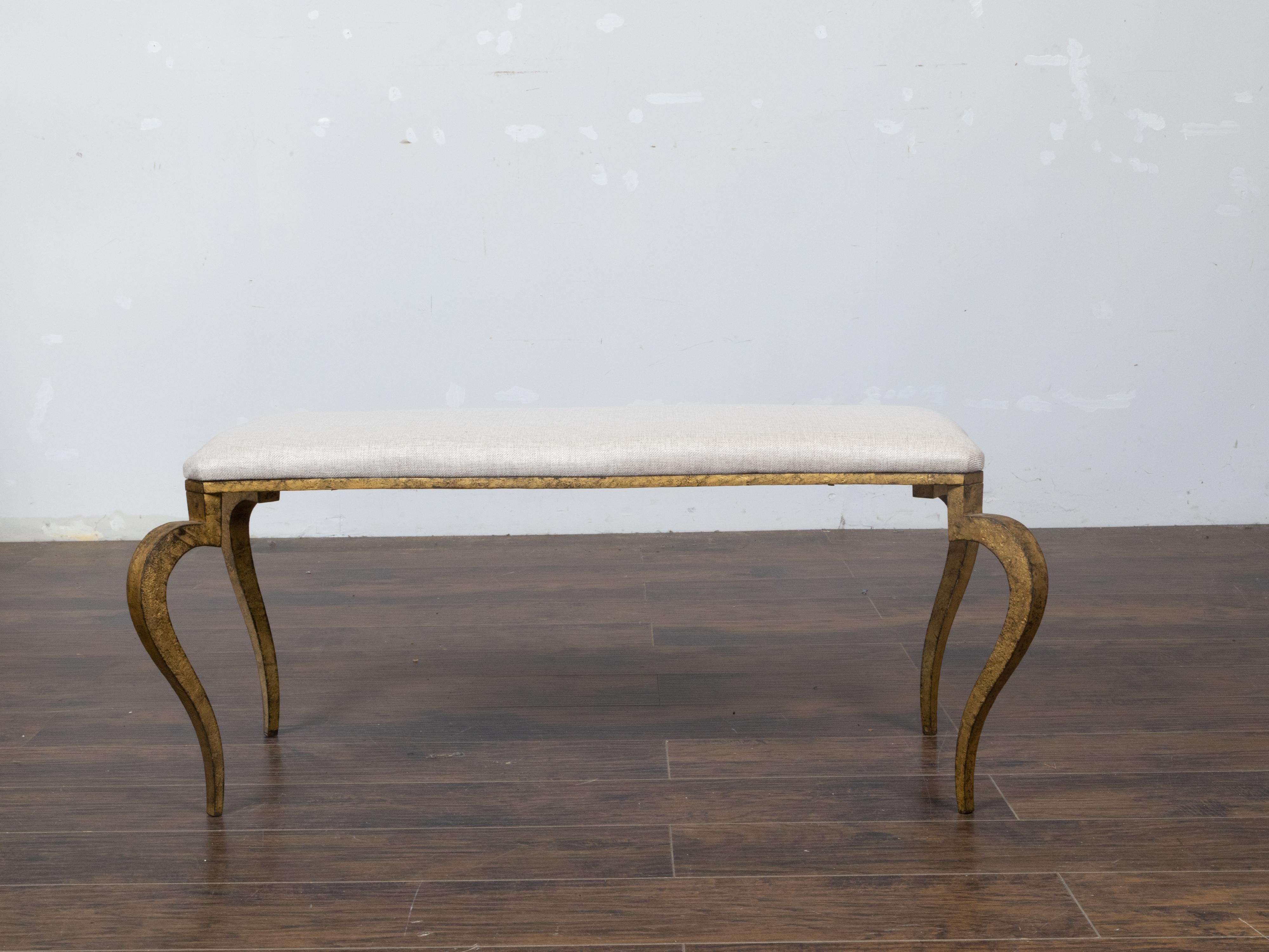 20th Century Art Deco French Gilt Iron Bench with Curving Legs and New Linen Upholstery For Sale