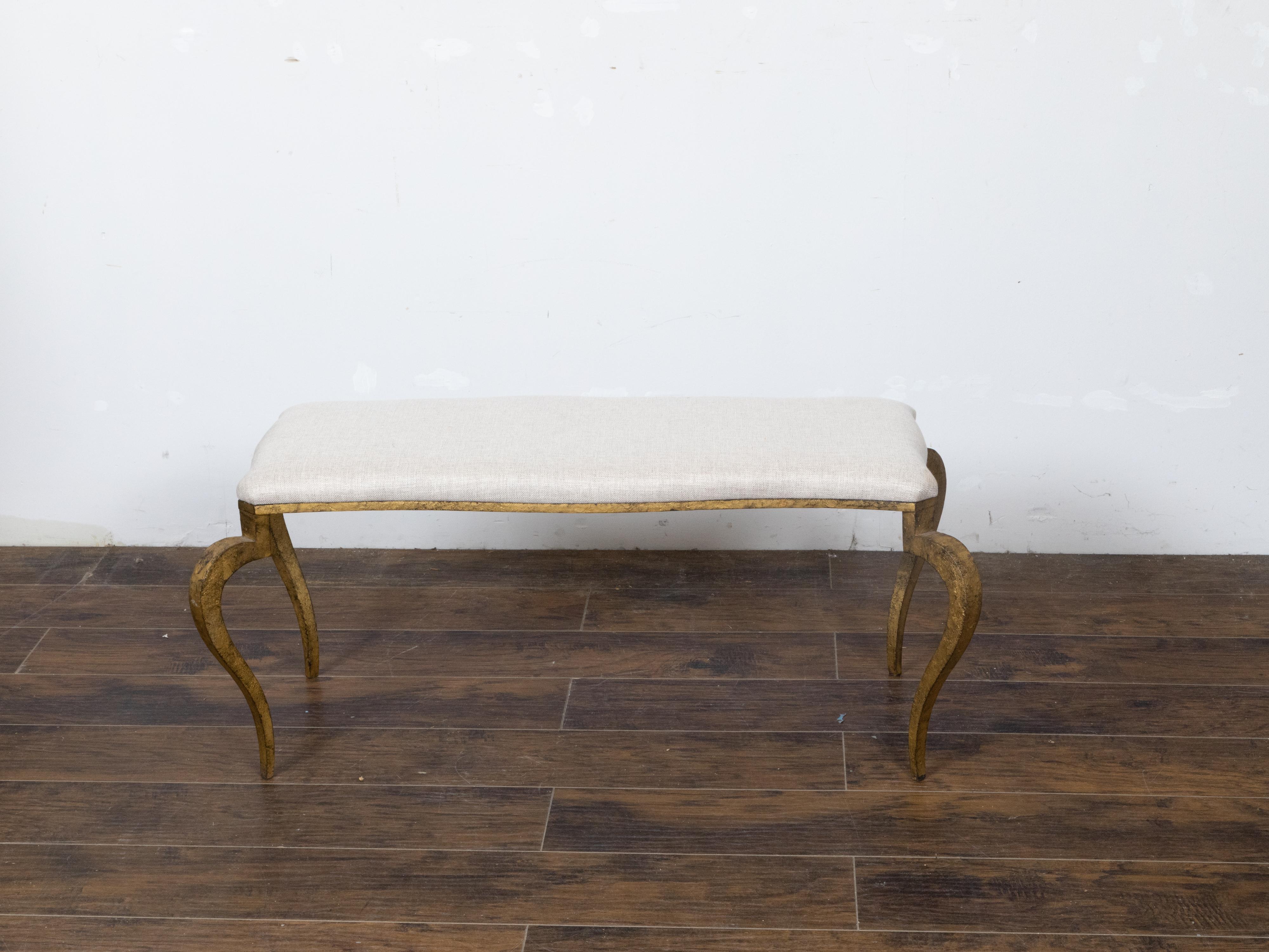 Art Deco French Gilt Iron Bench with Curving Legs and New Linen Upholstery For Sale 2
