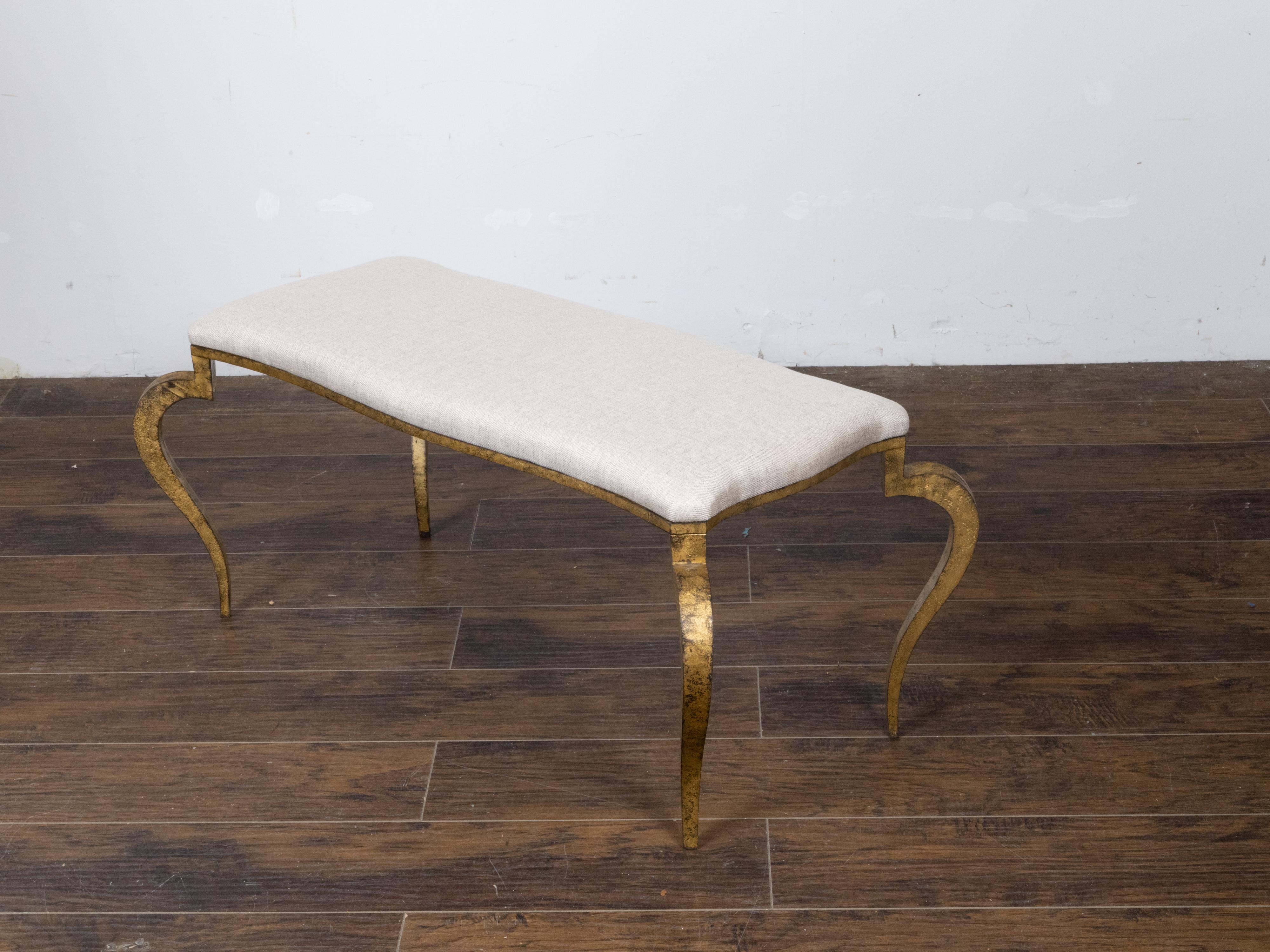Art Deco French Gilt Iron Bench with Curving Legs and New Linen Upholstery For Sale 4