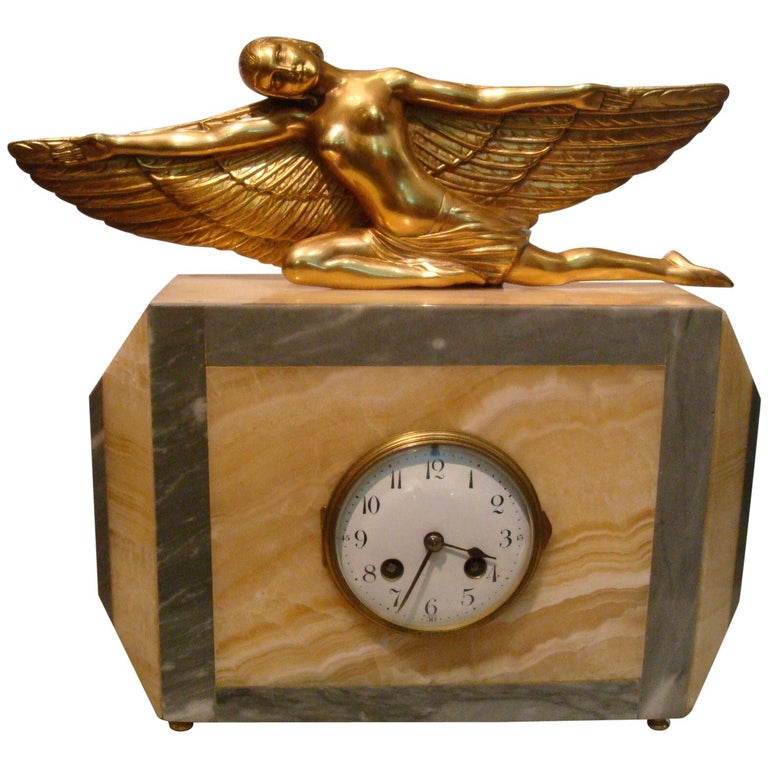 Art Deco French Gilt Mantel Clock Nude Woman with Wings 