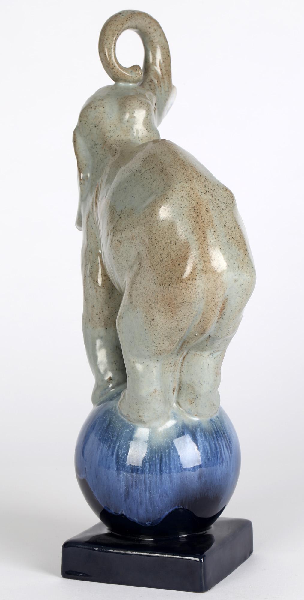 Art Deco French Glazed Pottery Circus Performing Elephant Figure For Sale 5