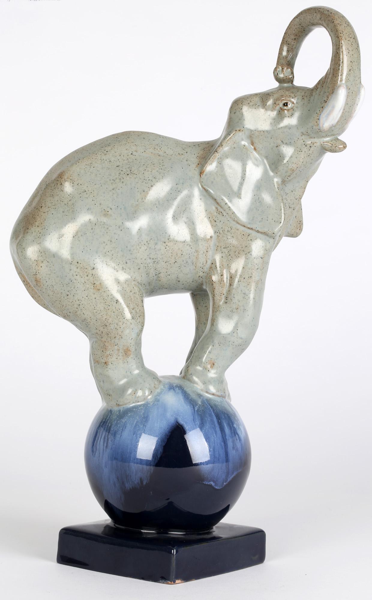 Art Deco French Glazed Pottery Circus Performing Elephant Figure For Sale 7