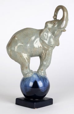 Art Deco French Glazed Pottery Circus Performing Elephant Figure