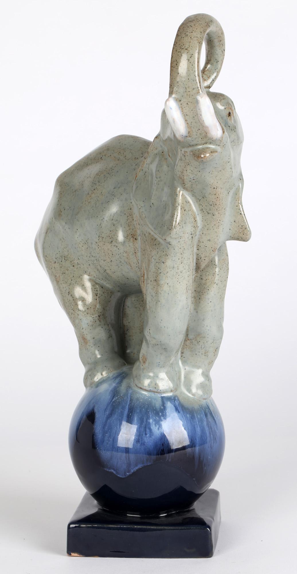 Art Deco French Glazed Pottery Circus Performing Elephant Figure In Good Condition For Sale In Bishop's Stortford, Hertfordshire