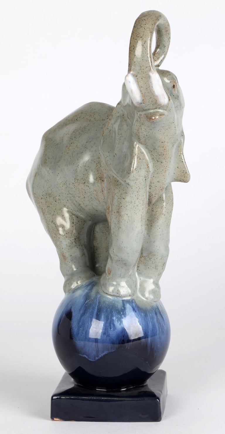 Early 20th Century Art Deco French Glazed Pottery Circus Performing Elephant Figure For Sale